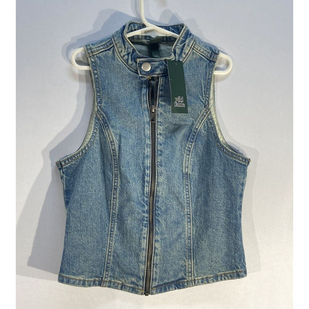 NWT Wild Fable Denim Vest Size XXS Mock Neck Zip Up Blue Crop Jean Gilet